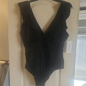 Black Ruffle V-Neck One-Piece Swim Suit